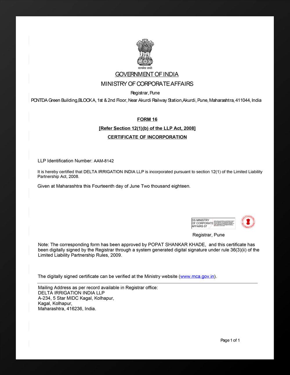 Certificate Of LLP Incorporation Delta India