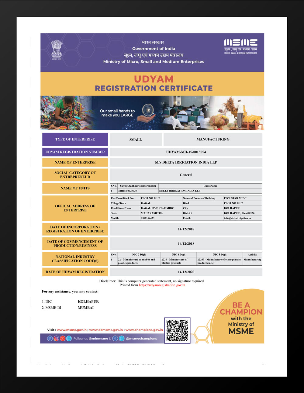 Udyam Registration Certificate - Delta India